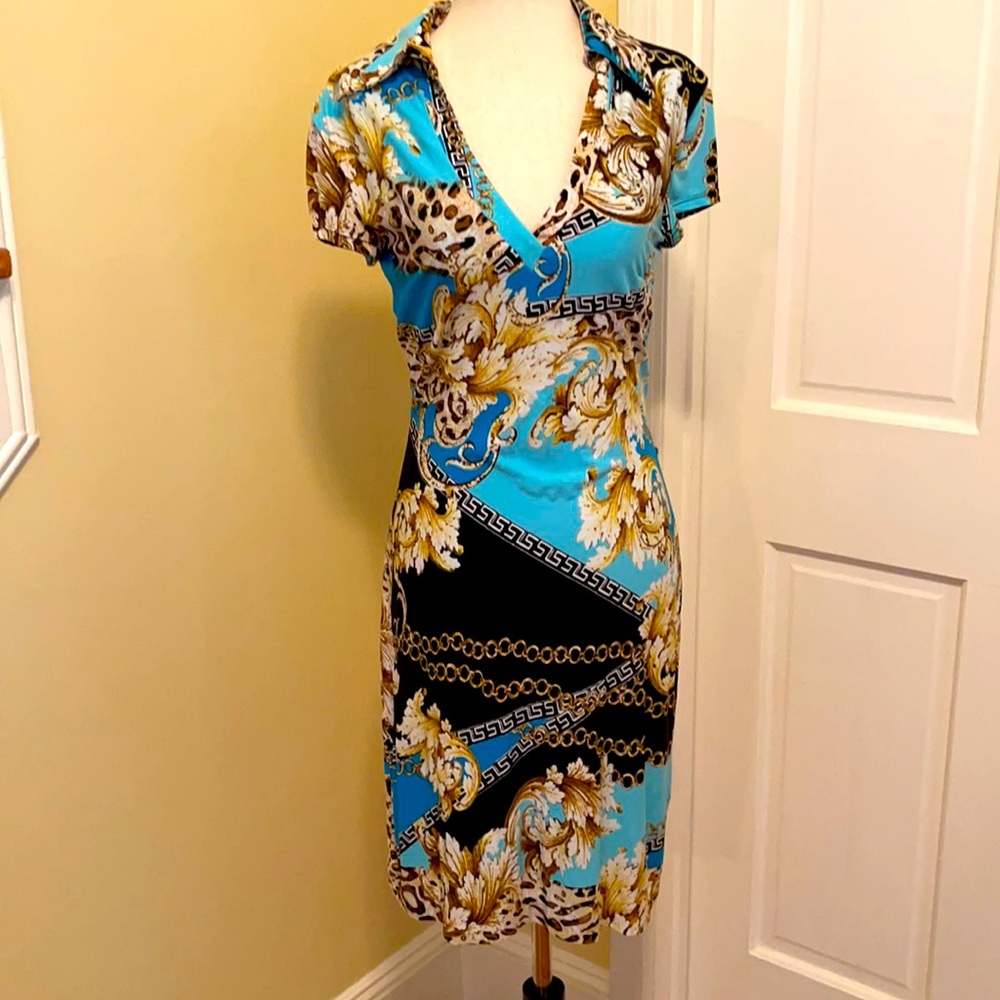 Blue black chains leopard cocktail dress